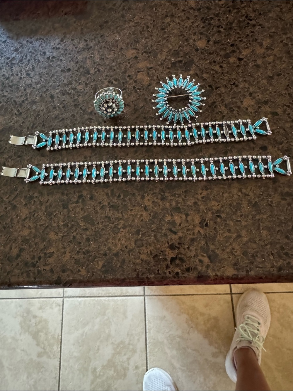 Vintage Zuni Needle Turquoise Native American Jewelry Set 2 Bracelets, Ring, Pin